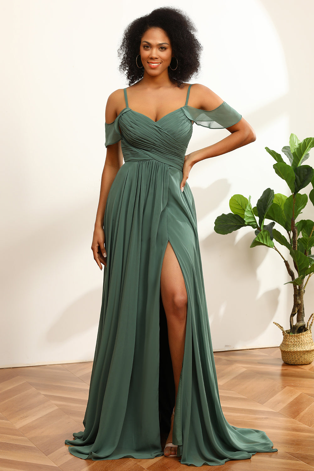 Eucalipto Vestido de Dama de Honor Gasa Largo