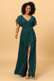 Vestido de dama de honor gasa largo verde oscuro cuello en V
