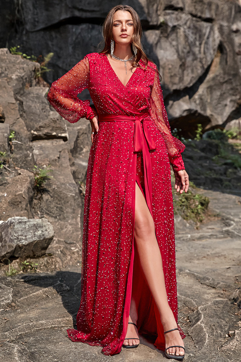 Vestido de Graduación Cuello en V Rojo Oscuro Talla Grande
