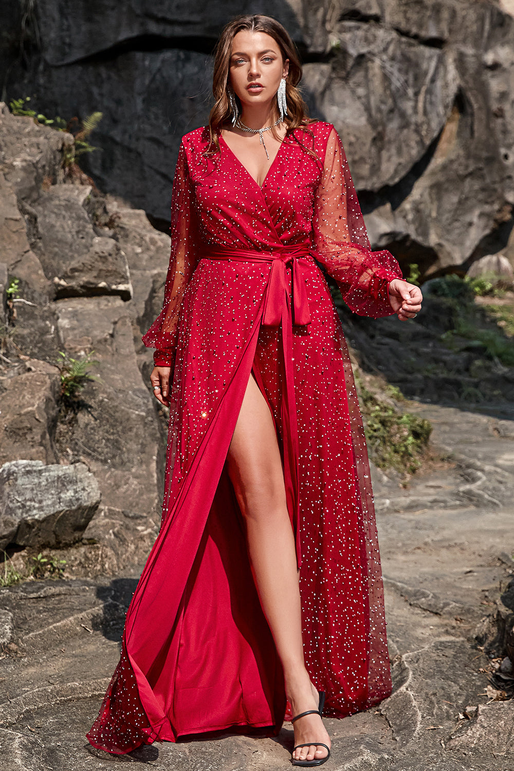 Vestido de Graduación Cuello en V Rojo Oscuro Talla Grande