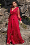 Vestido de Graduación Cuello en V Rojo Oscuro Talla Grande