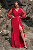 Vestido de Graduación Cuello en V Rojo Oscuro Talla Grande