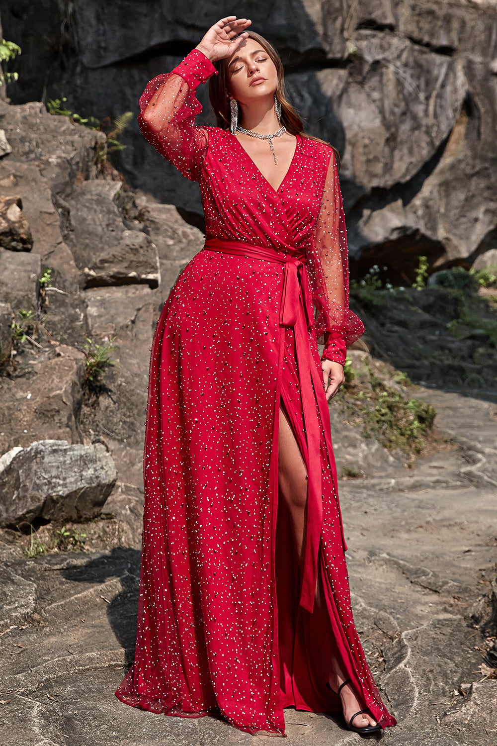 Vestido de Graduación Cuello en V Rojo Oscuro Talla Grande