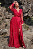 Vestido de Graduación Cuello en V Rojo Oscuro Talla Grande