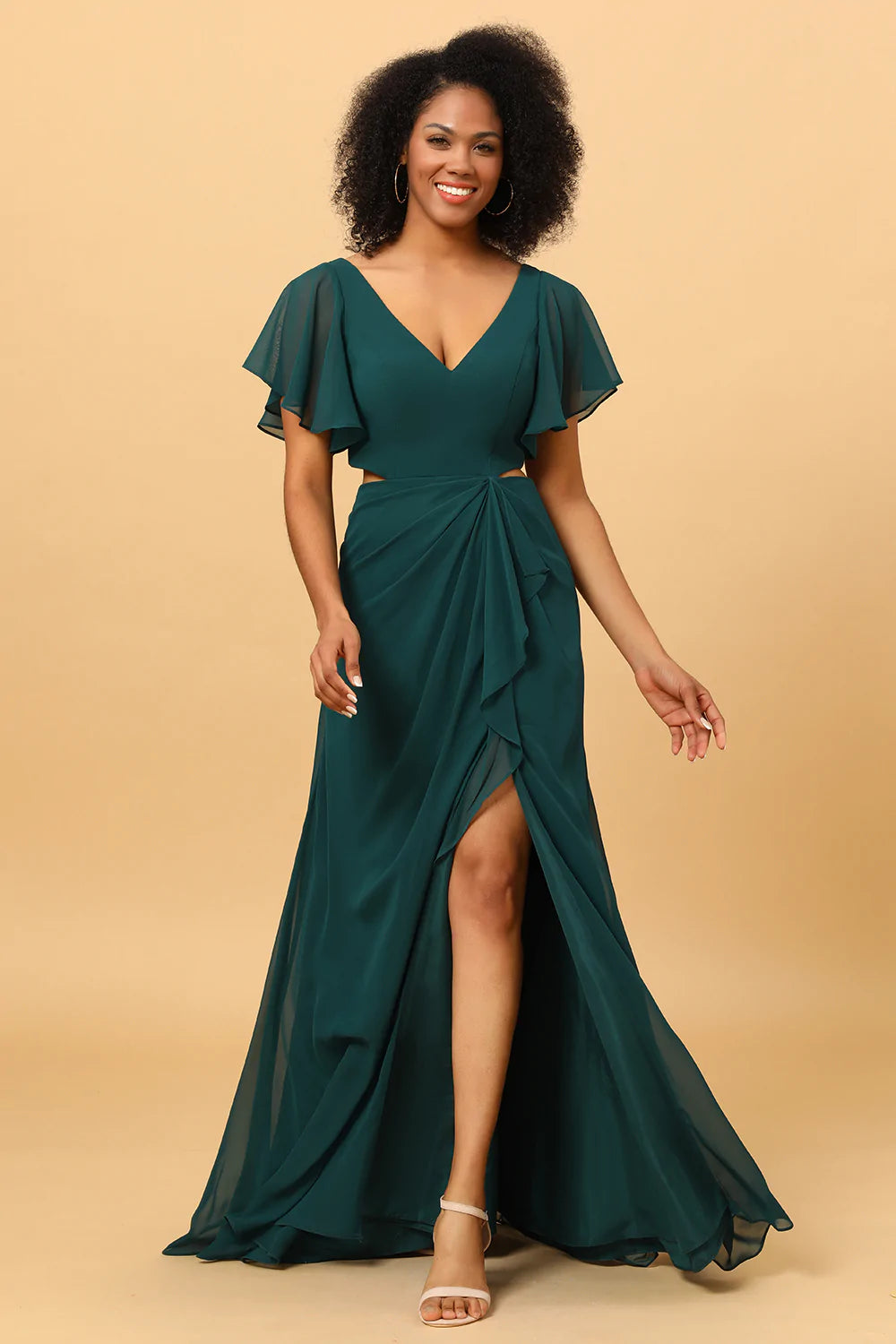 Vestido de Dama de Honor Verde Gasa Mangas Con Volantes