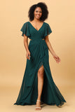 Vestido de Dama de Honor Verde Gasa Mangas Con Volantes
