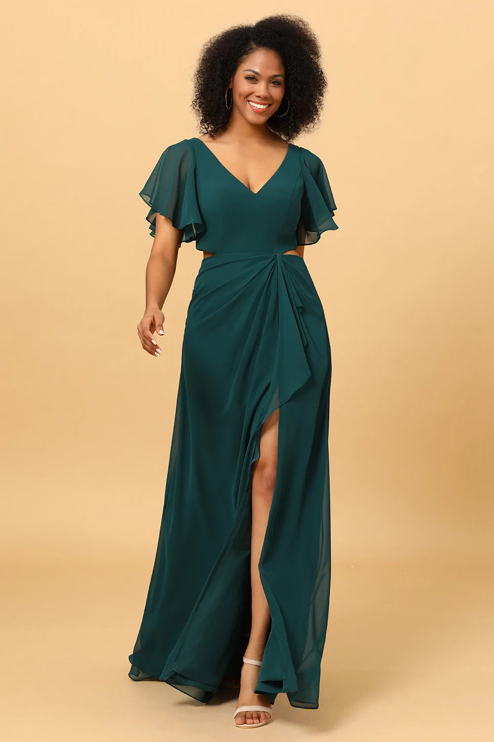 Vestido de Dama de Honor Verde Gasa Mangas Con Volantes