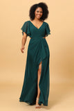 Vestido de Dama de Honor Verde Gasa Mangas Con Volantes