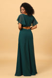 Vestido de Dama de Honor Verde Gasa Mangas Con Volantes