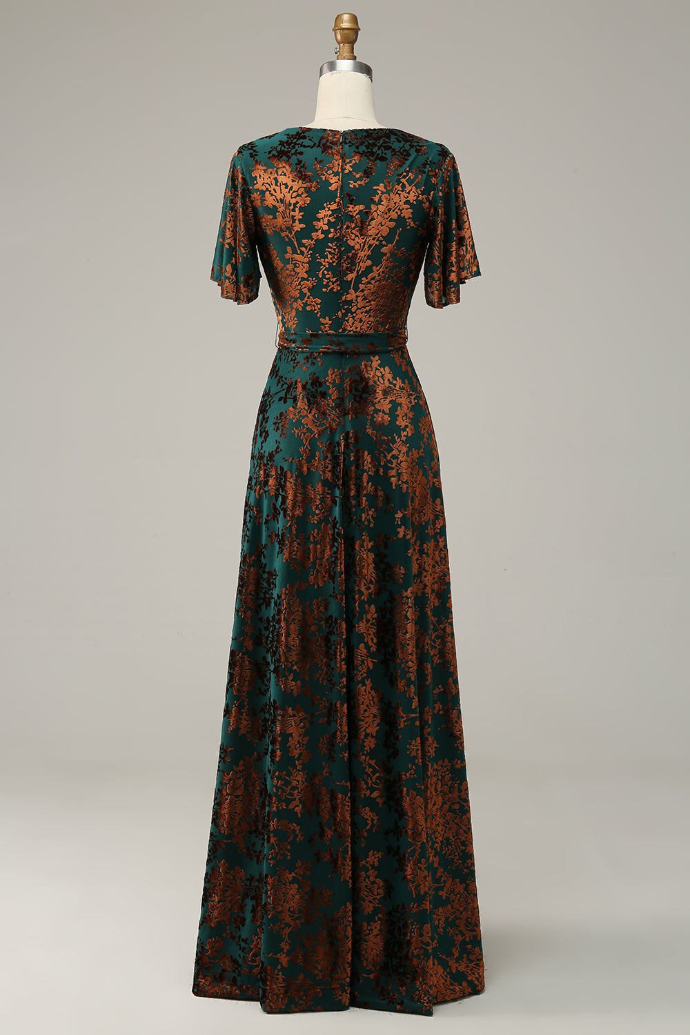 Vestido de fiesta largo de terciopelo quemado verde oscuro con mangas cortas