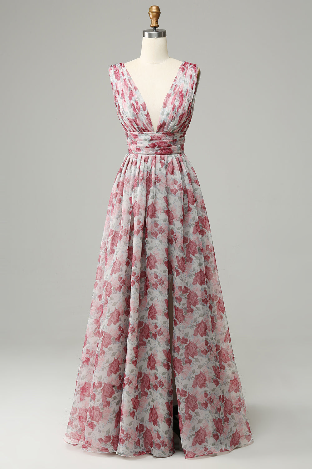 Vestido de Dama de Honor Largo Floral Gris Rosa