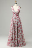 Vestido de Dama de Honor Largo Floral Gris Rosa