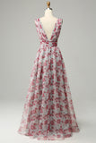 Vestido de Dama de Honor Largo Floral Gris Rosa