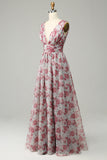 Vestido de Dama de Honor Largo Floral Gris Rosa