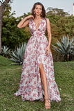 A Línea Cuello en V Gris Rosa Floral Vestido Largo de Graduación