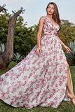 A Línea Cuello en V Gris Rosa Floral Vestido Largo de Graduación