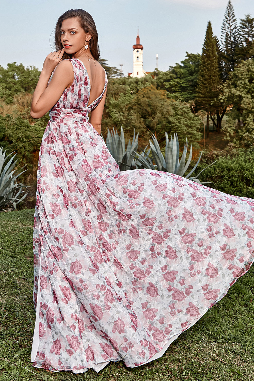 A Línea Cuello en V Gris Rosa Floral Vestido Largo de Graduación