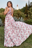 A Línea Cuello en V Gris Rosa Floral Vestido Largo de Graduación
