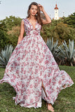 A Línea Cuello en V Gris Rosa Floral Vestido Largo de Graduación