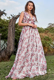 A Línea Cuello en V Gris Rosa Floral Vestido Largo de Graduación