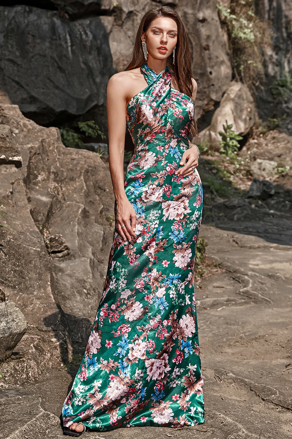 Estampado de Flores Halter Satén Vestido de Fiesta