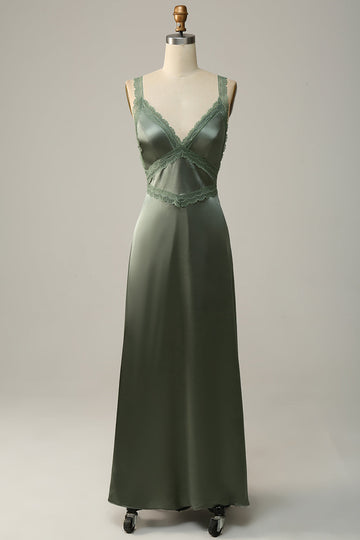 V-Neck Open Back Dusty Green Bridesmaid Vestido con encaje
