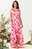A Línea V Cuello Rosa Estampado Vestido Invitada Boda