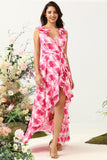 A Línea V Cuello Rosa Estampado Vestido Invitada Boda