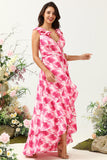 A Línea V Cuello Rosa Estampado Vestido Invitada Boda