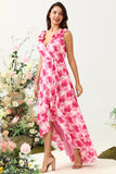 A Línea V Cuello Rosa Estampado Vestido Invitada Boda