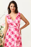A Línea V Cuello Rosa Estampado Vestido Invitada Boda