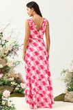 A Línea V Cuello Rosa Estampado Vestido Invitada Boda