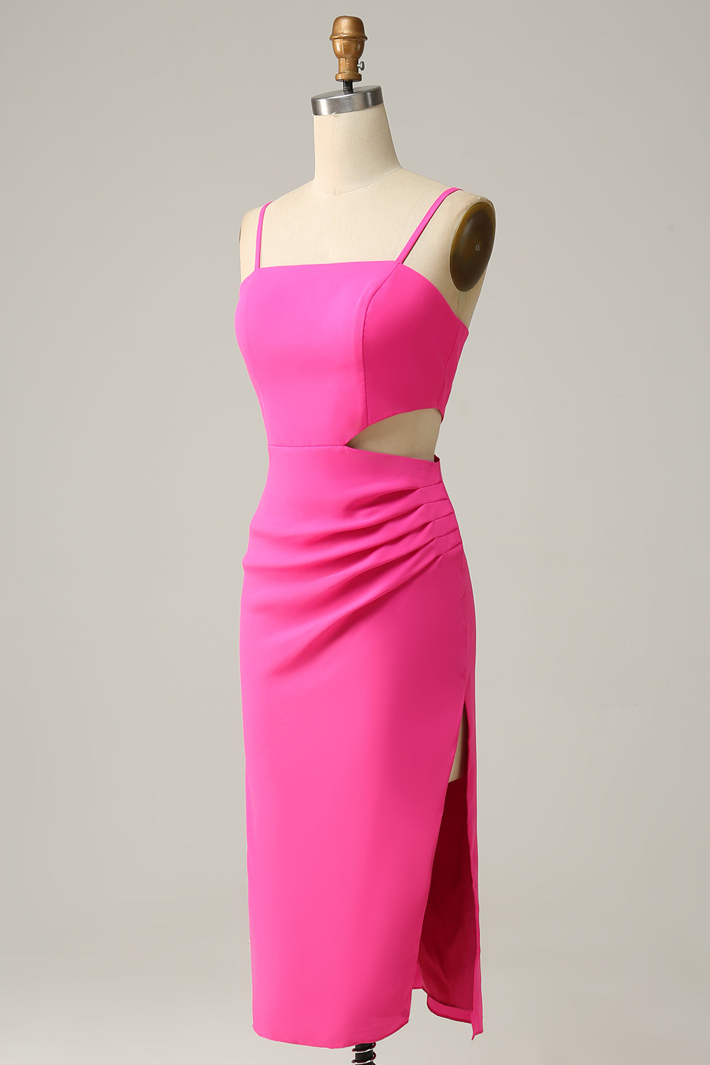 Las correas de espagueti cortan el vestido de dama de honor rosa caliente con volantes