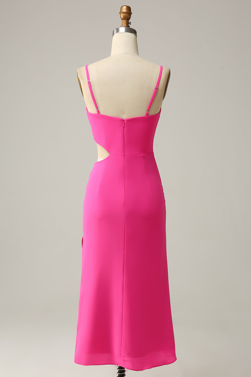 Las correas de espagueti cortan el vestido de dama de honor rosa caliente con volantes