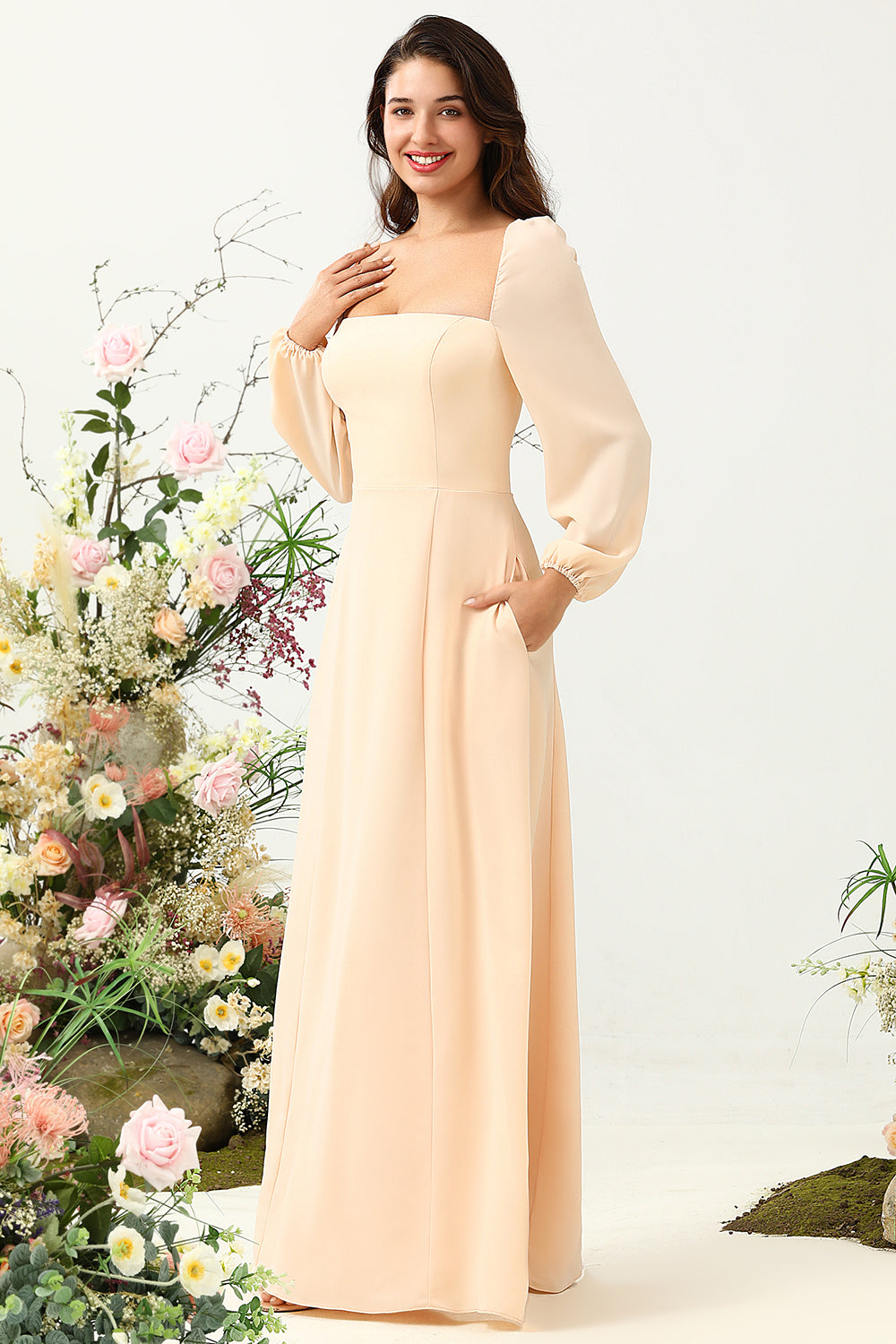 A Línea Cuello Cuadrado Vestido de Dama de Honor