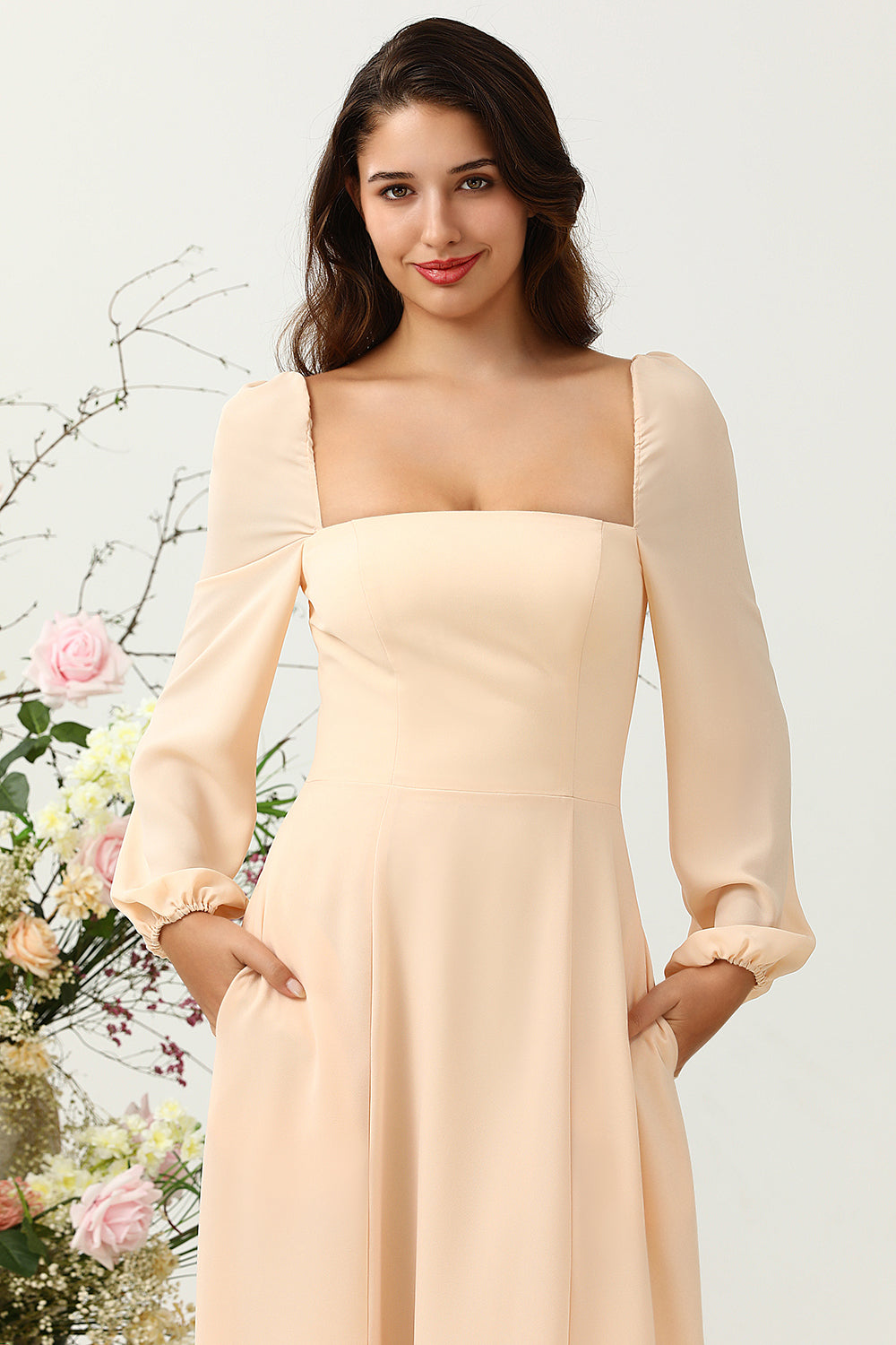 A Línea Cuello Cuadrado Vestido de Dama de Honor
