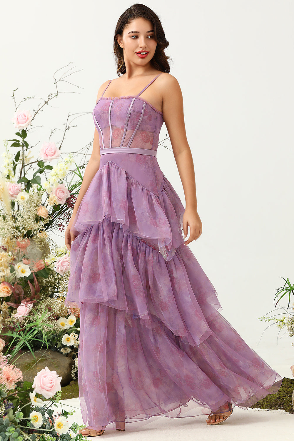 Púrpura Tul Tirantes de Espagueti Vestido de Dama de Honor