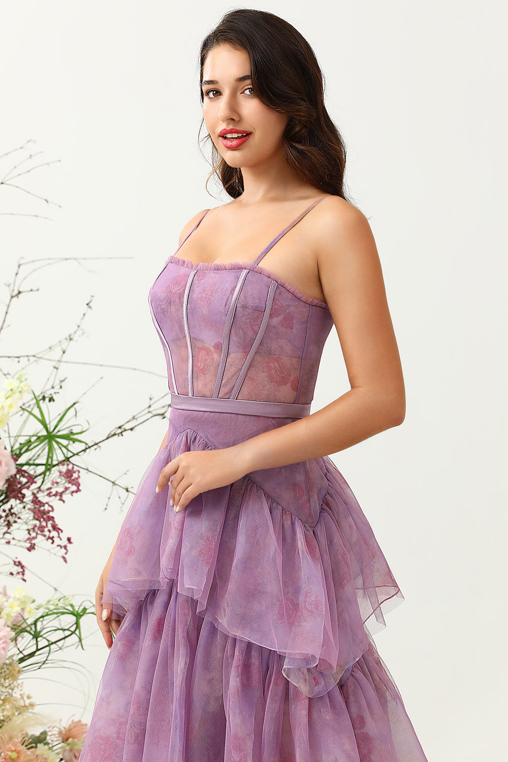 Púrpura Tul Tirantes de Espagueti Vestido de Dama de Honor