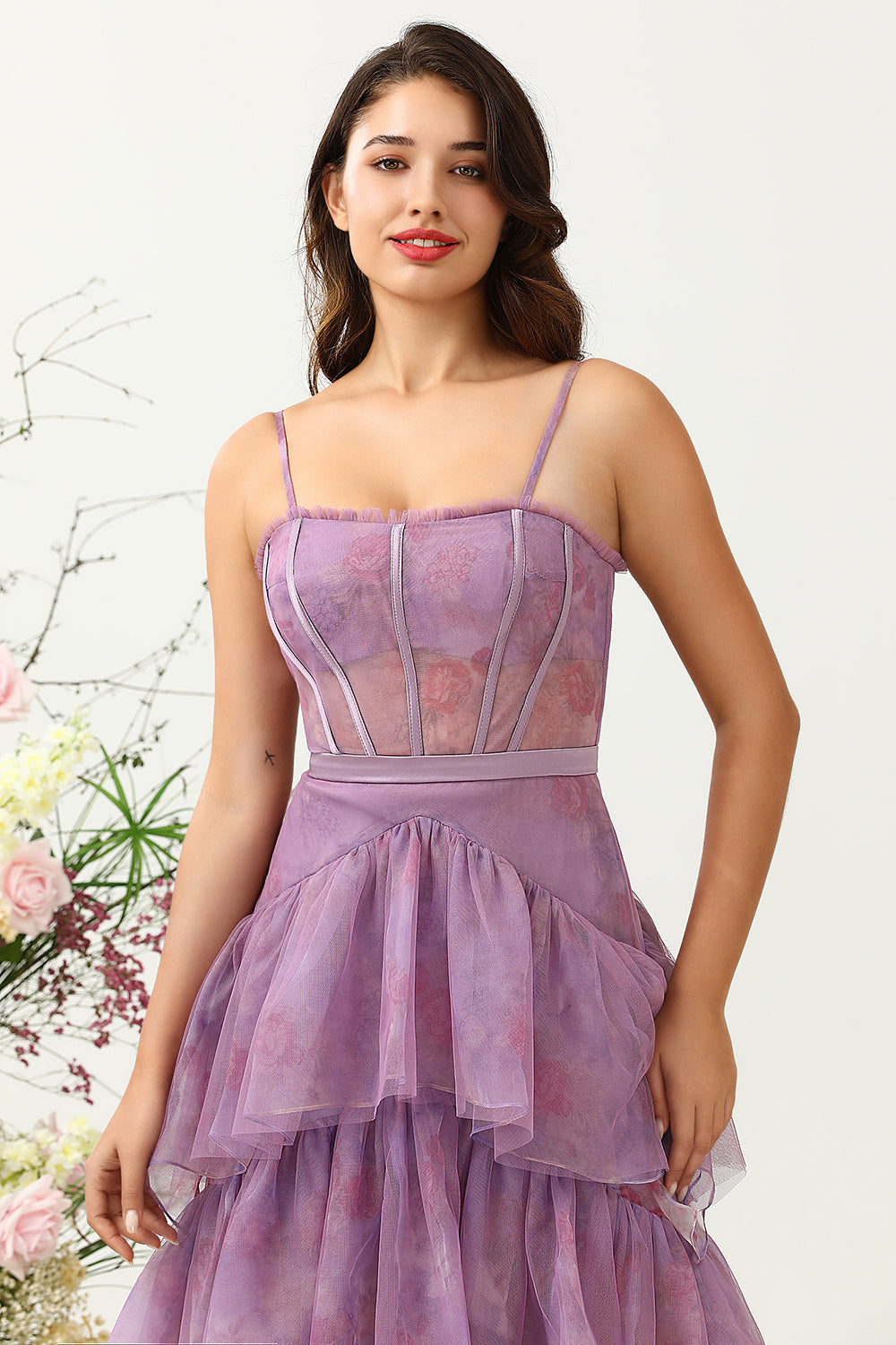Púrpura Tul Tirantes de Espagueti Vestido de Dama de Honor