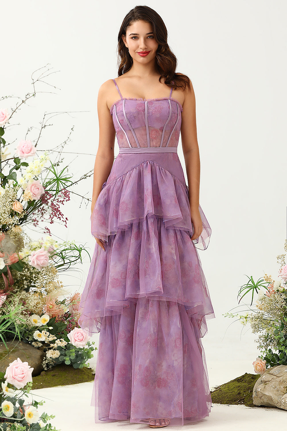 Púrpura Tul Tirantes de Espagueti Vestido de Dama de Honor