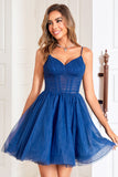 Corsé Navy A-Line Tulle Vestido corto de bienvenida