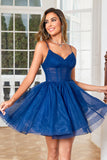 Corsé Navy A-Line Tulle Vestido corto de bienvenida