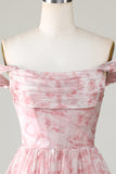 A Línea Rosa Estampado Vestido Corto de Cóctel