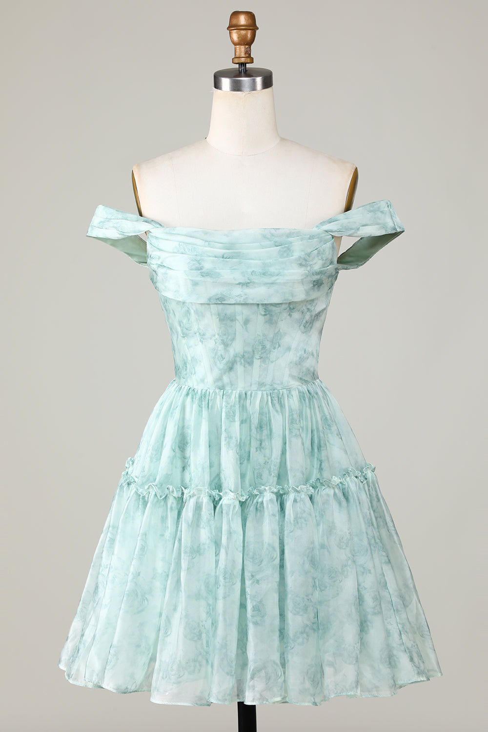 Elegante Una línea fuera del hombro Salvia Vestido corto de bienvenida impreso