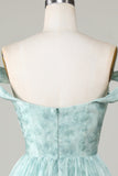 Elegante Una línea fuera del hombro Salvia Vestido corto de bienvenida impreso