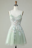 Dusty Sage Spaghetti Straps Homecoming Dress con Criss Cross Back