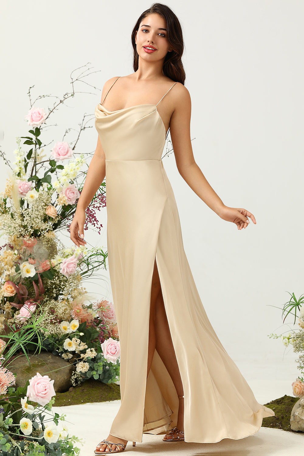 Tirantes de Espagueti Champán Vestido Invitada Boda