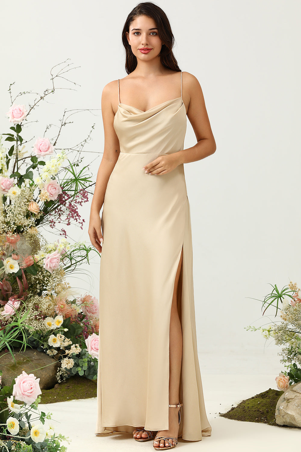 Tirantes de Espagueti Champán Vestido Invitada Boda