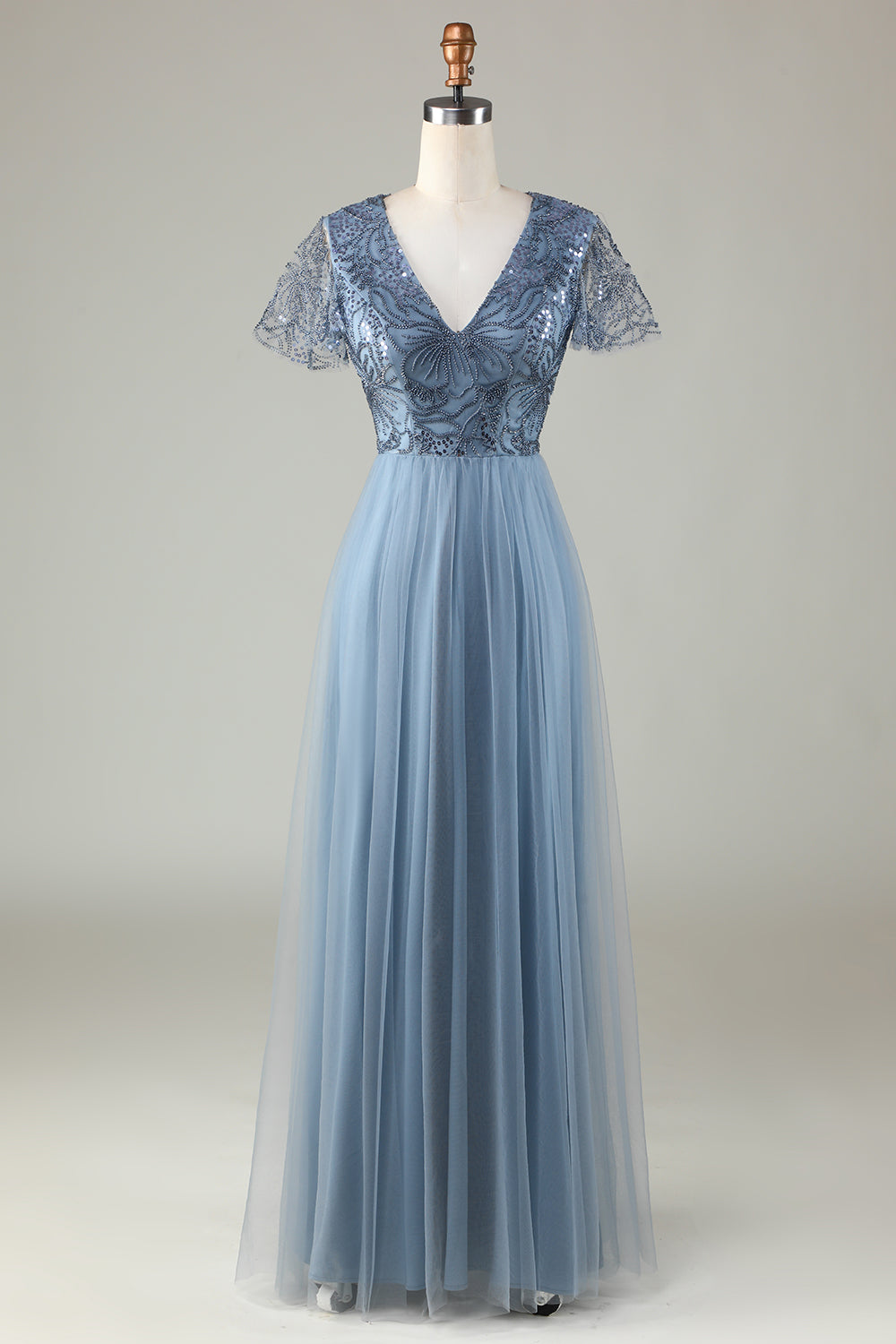 Confiadamente carismático A Line V Neck Dusty Blue Long Bridesmaid Dress con abalorios