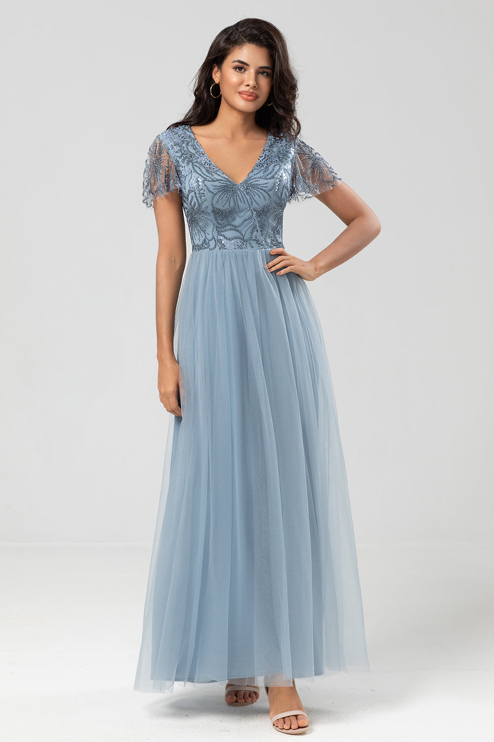 Confiadamente carismático A Line V Neck Dusty Blue Long Bridesmaid Dress con abalorios